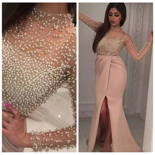 

2019 high neck sheer long sleeves mermaid prom dresses split front custom middle east long special occasion evening party gowns pearls, Black