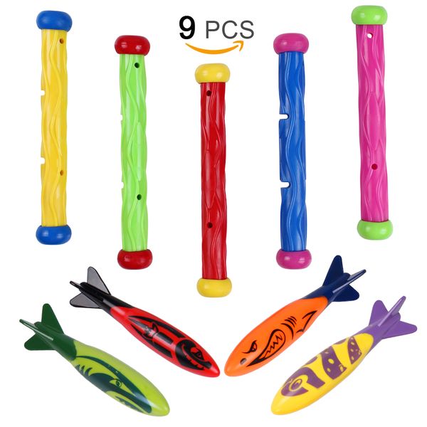 Toy Deluxe Underwater Swimming/Diving Pool Toys Bastoncini da immersione (5 pezzi), Torpedo Bandits (4 pezzi), confezione da 9