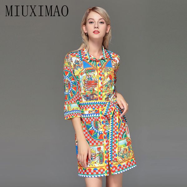 

2019 runway designer casual holiday casual style straight half sleeve sashes turn-down collar cartoon above knee women dress, Black;gray