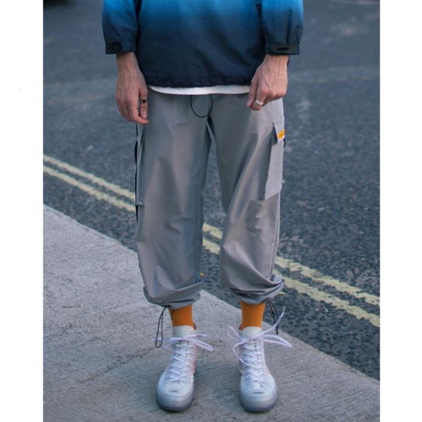 

autumn high street hip hop bag belt buckle adjustable drawstring beam foot men's tooling pants, Black