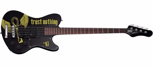 Simon Gallup Ultra Spitfire Bass Gloss Black w/Simon Gallup Red Graphic 4 corde basso elettrico collo attraverso il corpo, copia pickup EMG