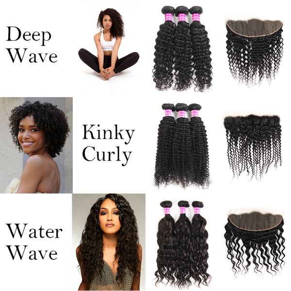 

deep wave brazilian human hair bundles with frontal unprocessed water wave virgin hair weave bundles kinky curly vendors extensions, Black