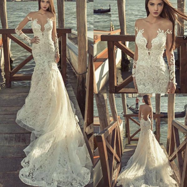 

сексуальная 2019 новый русалка свадебные платья с длинными рукавами свадебные платья иллюзия sheer шеи кружева аппликация африканский свадеб, White