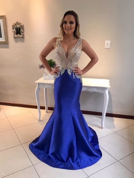 Sereia Azul Royal Vestidos de Baile Longo Líbano 2019 Sexy Frisado V Pescoço Robes vestidos de noite forma de vestidos