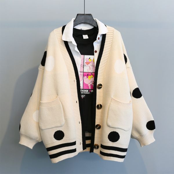 

europe sweet girl winter loose street wear lantern sleeve dot sweater single breasted cardigans knitwear outwear beige red black, White;black