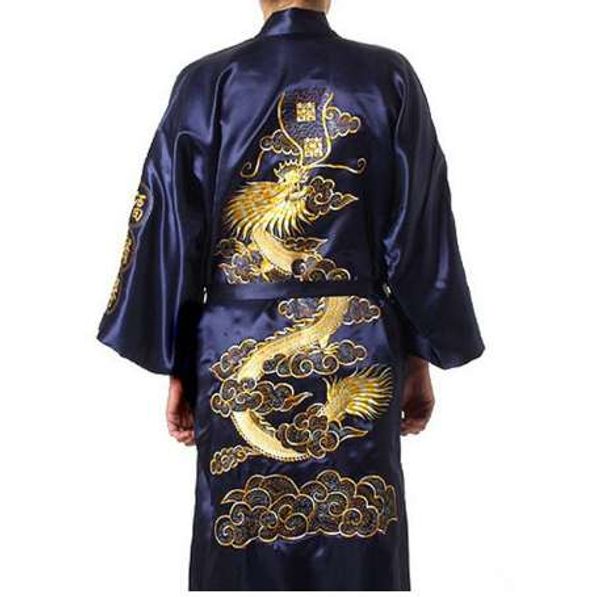 Бесплатная доставка темно-синий китайский мужской сатин Шелковый халат вышивка кимоно ванна платье дракон размер S M XL XXL XXXL S0008