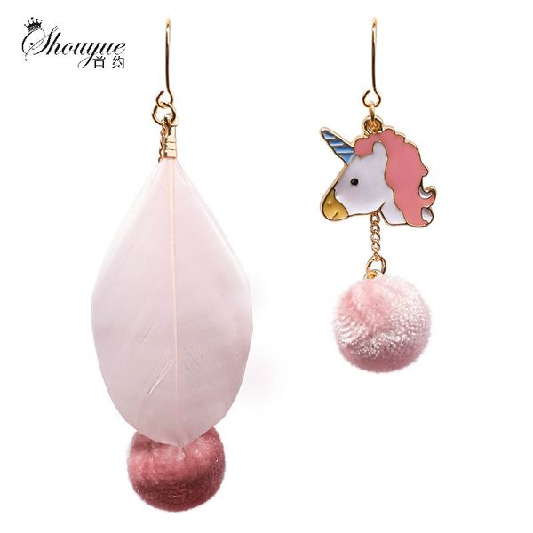 

korean cute unicorn feather asymmetrical earrings elegant fresh pompom drop earrigs for women boucle d'oreille femme 2018, Silver