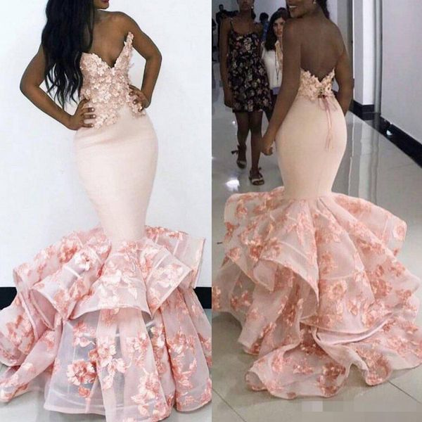 

South African Mermaid Prom Dresses Sexy Pink Sweetheart Backless Evening Gowns Flora Appliques Tiered Sweep Train Formal Party Dress