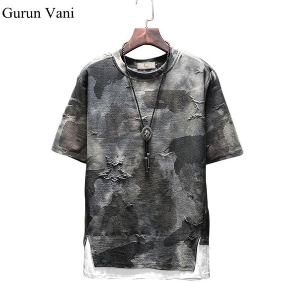 

2018 summer fashion camouflage t-shirt men hole t shirts men's o-neck hip hop tee male fashion retro styletshirt, White;black