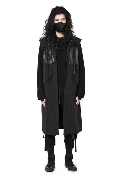 

dark windbreaker hooded vest over the knee personality tide men's autumn and winter coat robes, Tan;black