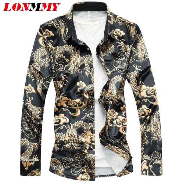 Lonmmy 6XL 7XL Плюс Размер длинные рукава Рубашка Мужская Блузка Велюр Дракон Узор Стройные Повседневные Мужские Платье Рубашки 2017 Осенняя Весна