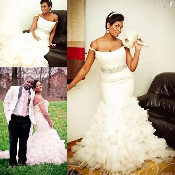 

off the shoulder mermaid wedding dresses with sash beads ruffles tiered skirt plus size wedding dress custom made african bridal gowns, White