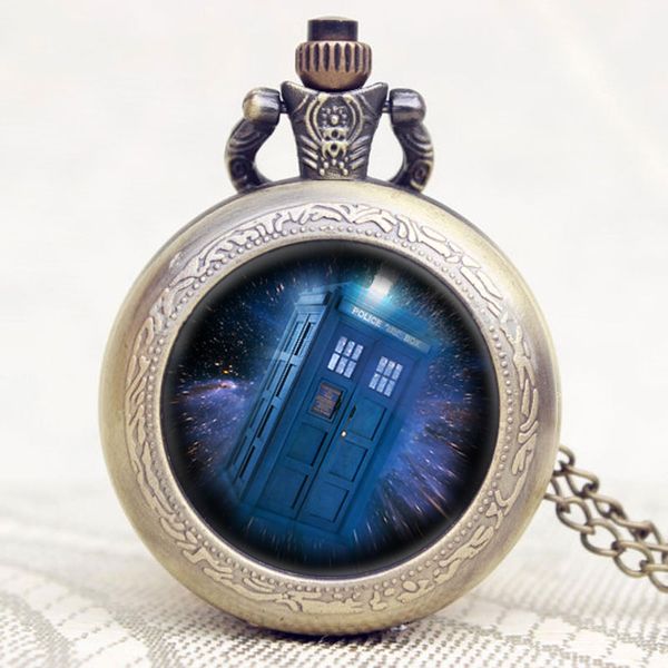 

vintage quartz pocket watch steampunk doctor who tardis blue telephone booth pattern necklace chain fashion birthday gifts, Slivery;golden