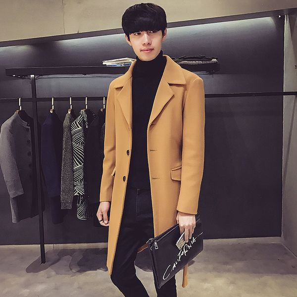 

casual mens coats 2018 winter slim turn down collar wool blend coat and jacket single breasted male coats, Black