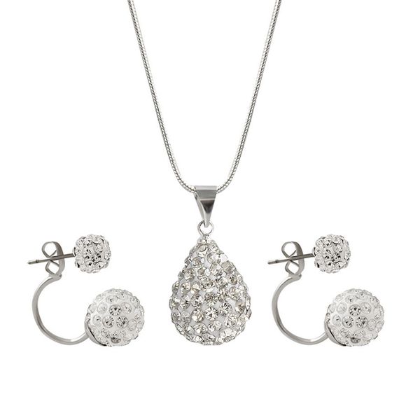 

fashion simple shining crystal ball chain pendant necklace double side earring cute wedding engagement jewelry set new, Silver