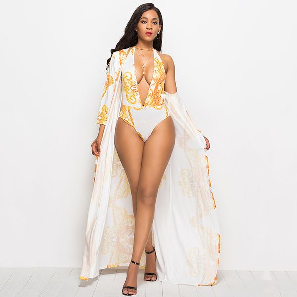 

vintage 2 piece набор женщин этнических печатных врезаться v-образным вырезом one piece боди с длинным покрытием пляжный кардиган лето две ч, Gray