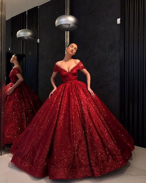

red evening dresses off the shoulder v neck ball gown sequined prom gowns 2020 robes de soiree special occasion dress, Black;red