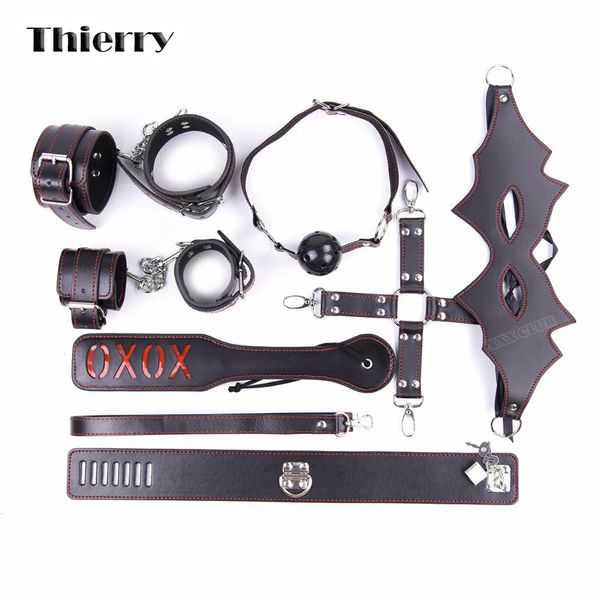 Thierry 7 pezzi / Set Leather Sex Bondage Restraint Coppie Set di giochi per adulti, Paddle Whip Collar Mask Manette Gag sex Toys per S924