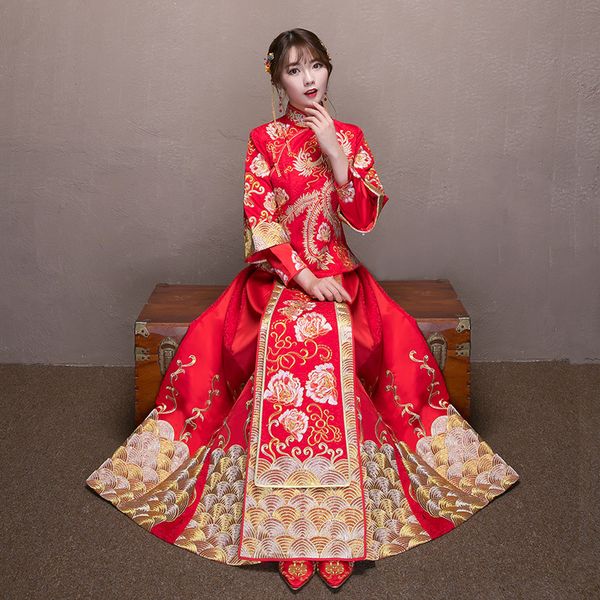 

chinese style bride embroidery cheongsam wedding ceremony dresses costume evening dress show clothing slim phoenix qipao, Red