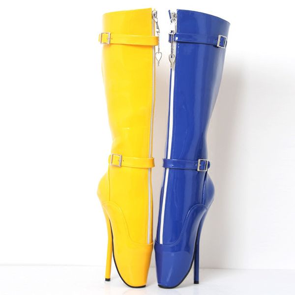 DHL-freies Verschiffen 2018 Sexy 18 cm Spitzen-High-Heel-Damen-Ballett-Kniestiefel Blau Gelb glänzender Reißverschluss mit Riemen BDSM anpassen plus Größe