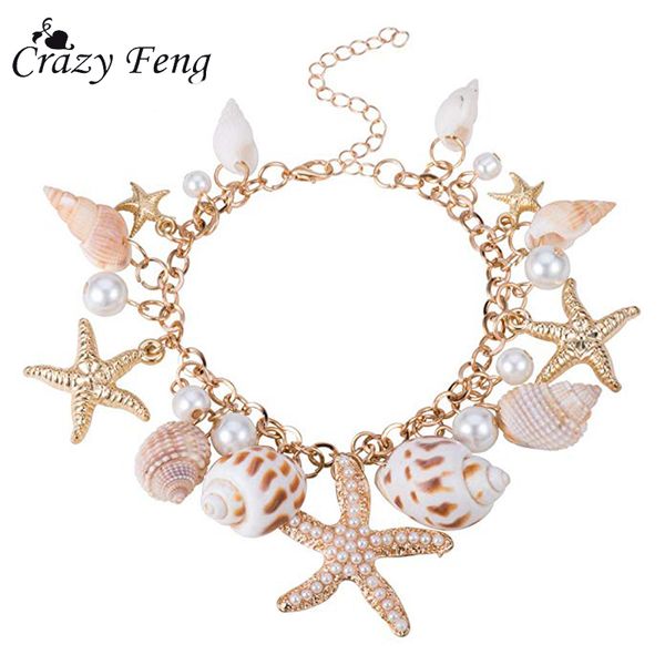 

crazy feng 2018 fashion sea shell starfish bracelet for women summer beach charm bracelets bohemian chain bracelet boho jewelery, Golden;silver