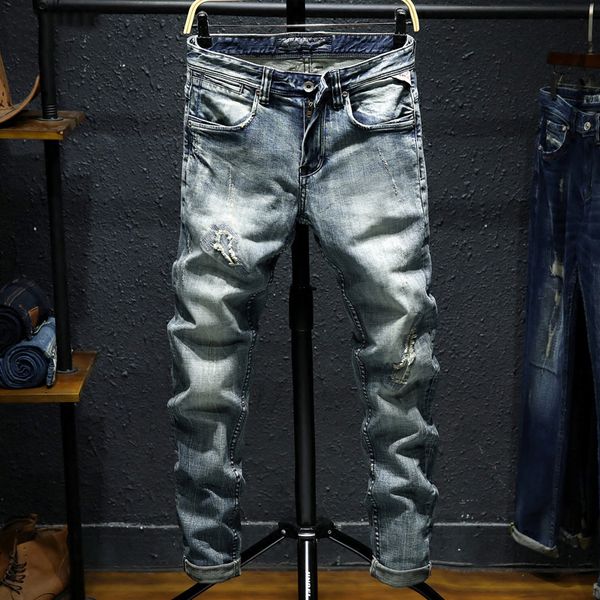 

italian vintage design men jeans light blue color slim fit elastic destroyed ripped jeans for men classical cotton stretch