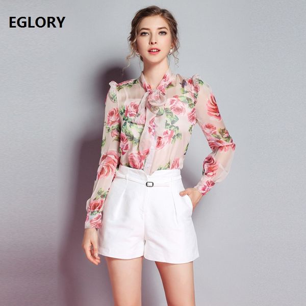 

2018 blouse shirt women bow collar sweet pink rose flower print long sleeve shirt ladies blouse female, White