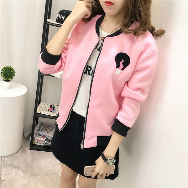 

autumn women casual embroidery bulb stand collar short jacket print carntoon loose plus velvet new female thick baseball outwear, Black;brown