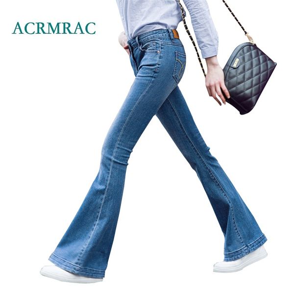 

acrmrac women's jeans new 2018 spring and autumn slim solid color blue middle waist skinny flare pants full length jeans