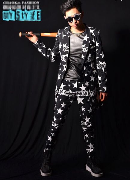 

человек хан издание новой моды личности якорь бар певица сценические костюмы танцевальная одежда пентаграмма длинный костюм куртка m-2xl, Black;red