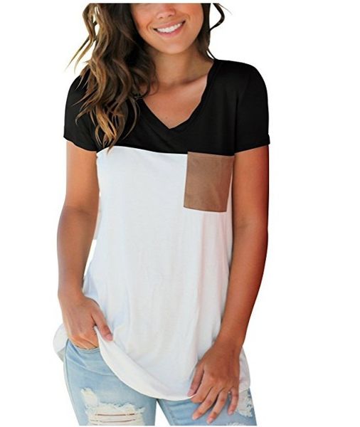 

womens short loose & v neck basic pocket shirts casual shipping block t color suede with igwhv, Black