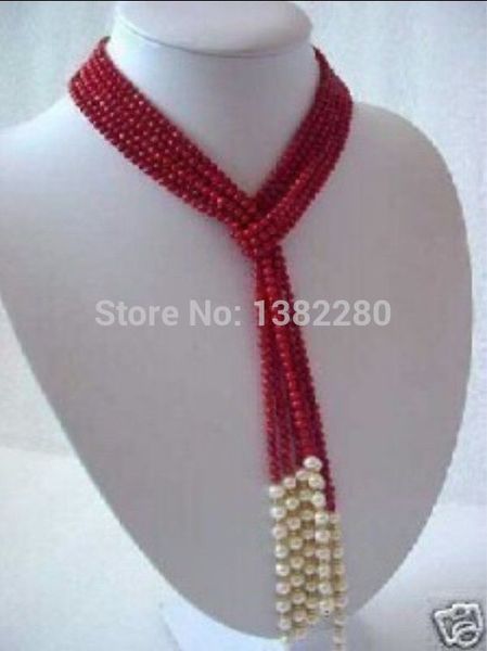 

5mm charming red coral & white pearl scarf necklace 50" jt5100, Silver