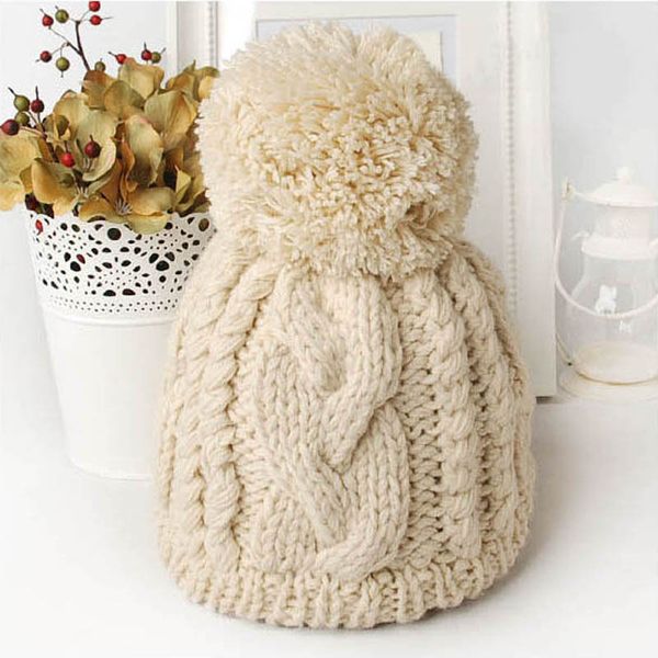 

big pompom hats solid color women's caps winter knitted skulies & beanies acrylic cable thick hats for women, Blue;gray