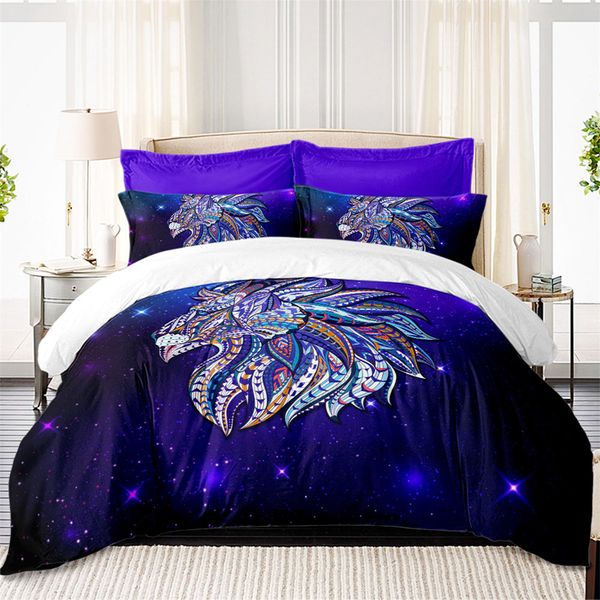 

leo lion bedding set cool galaxy print duvet cover purple white bedclothes pillowcase  king bed set gift for home decor d30