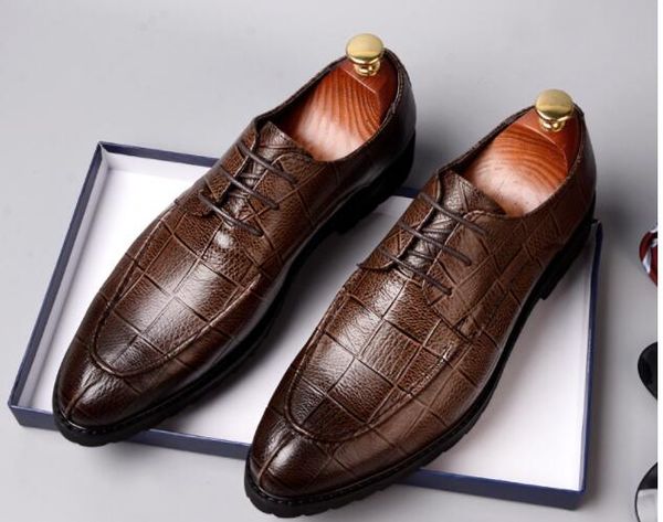 

men lace-up plaid handmade dress shoes genuine leather pointed toe oxford for men new business casual shoes, Black