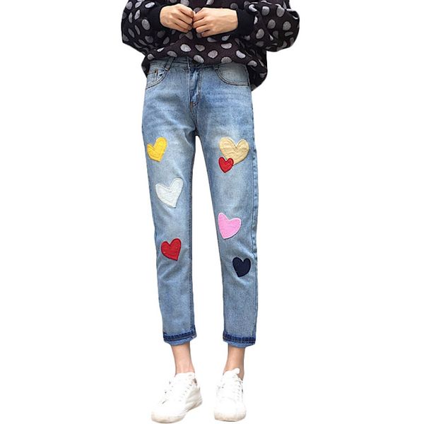 

2018 new women jeans high waist cotton straight pleated jeans cute colorful love heart embroidery ankle-length #a025, Blue