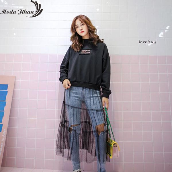 

moda jihan chic women's pullover sweatshirts o-neck long sleeve knitted lace patchwork sweatshirt female unique design, Black