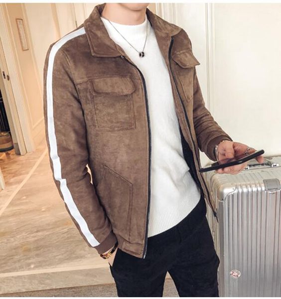 

men in europe and the han edition of the new fashion personality, cultivate one's morality deerskin flocking baseball jacket 345 / m, Black;brown