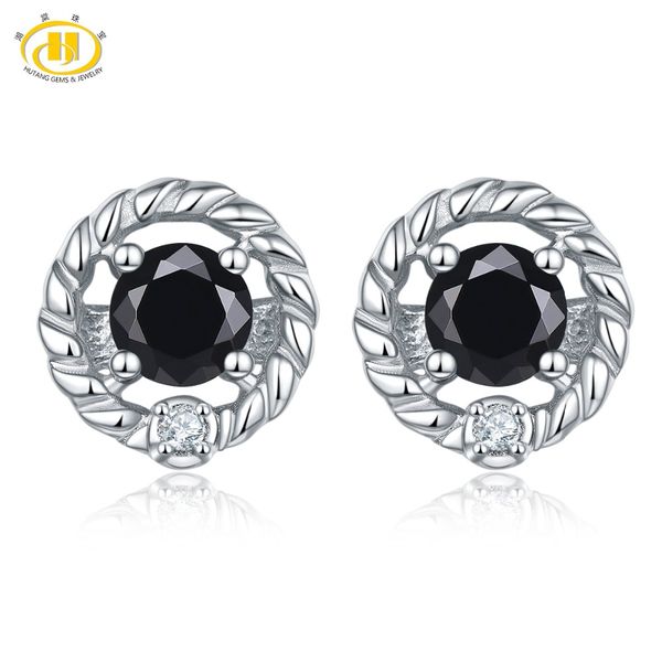 

hutang black spinel stud earrings natural gemstone solid 925 sterling silver crystal fine fashion stone jewelry for women's gift, Golden;silver