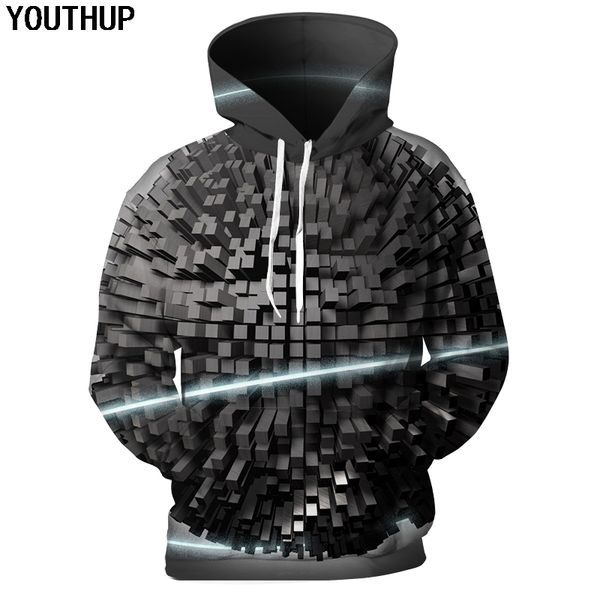 

youthup 2018 new design hoodies men geometric 3d print men hooded sweatshirts fashion cool funny hoodies 3d pullover plus size, Black