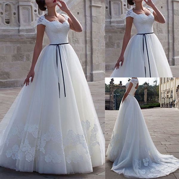 

винтажный дизайн ретро свадебные платья cap рукавом черный пояс ручной работы аппликации кружева линия свадебные платья на заказ, White