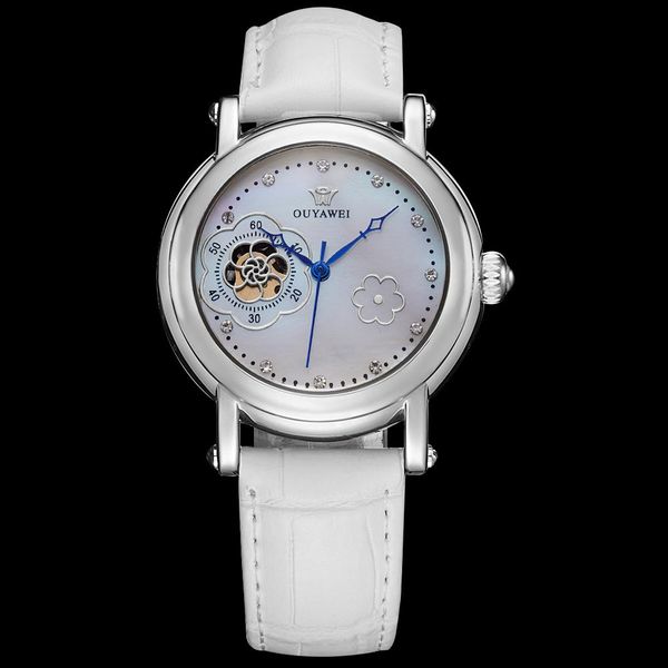 

women automatic mechanical watch luxury watches white flowers dial hollow ladies rhinestone leather strap sports costume wristwatch, Slivery;brown