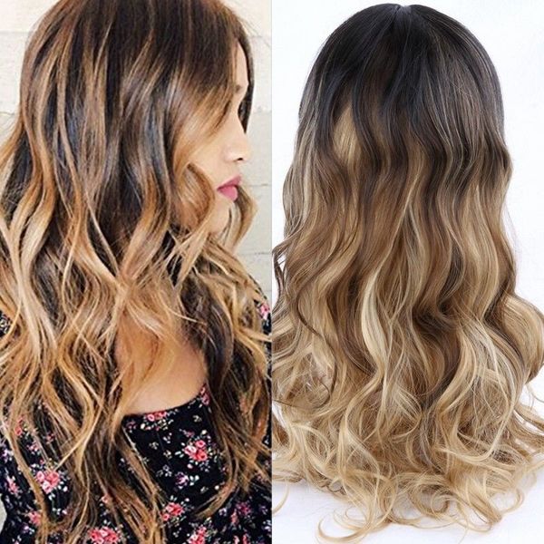 Women Long Wave Black Root Blonde Mixed Natural Looking Wigs