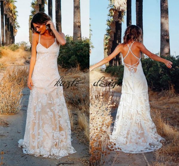 

2018 designer spaghetti straps wedding dresses lace appliques backless bohemian country bridal gowns vestios de novia custom made, White