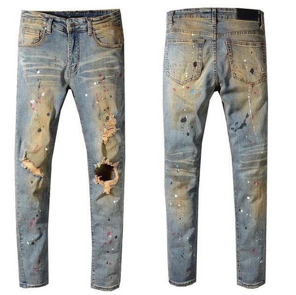 

new men hole jeans distressed hollow out pants oiled old school washed blue denim skinny jeans slim trousers casual denim pant