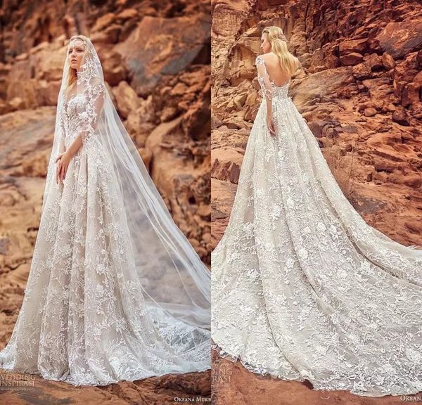 

Oksana Mukha 2019 A-Line Gorgeous Full Lace Wedding Dresses Sheer Long Sleeve Tulle Court Train Bridal Gown Backless Plus Size