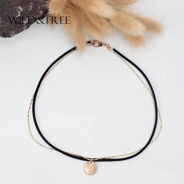 

whole salewild & punk women black suede double layered choker necklace gold chain round pendant clavicle fashion necklace jewelry, Golden;silver