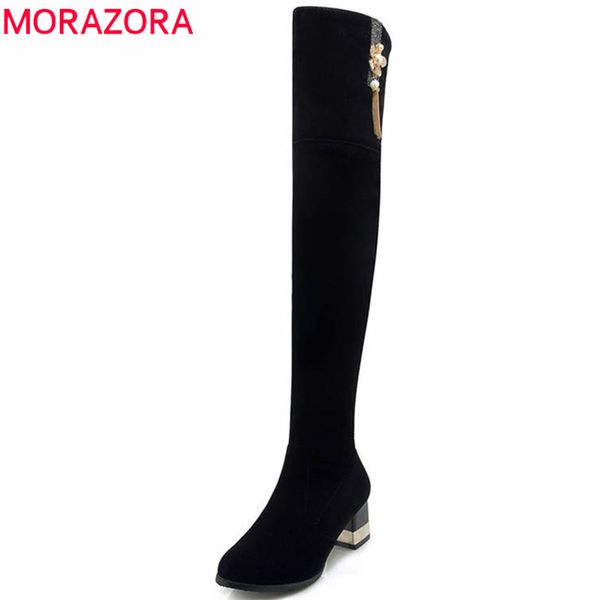 

morazora 2018 new fashion shoes woman round toe flock lady boots zipper pearl short plush autumn winter over the knee boots, Black