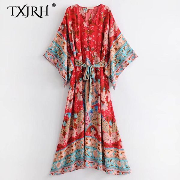 

txjrh vintage ethnic floral print sashes tied bow slim floor-length dress fashion woman 3/4 batwing sleeve a-line dress vestidos, White;black