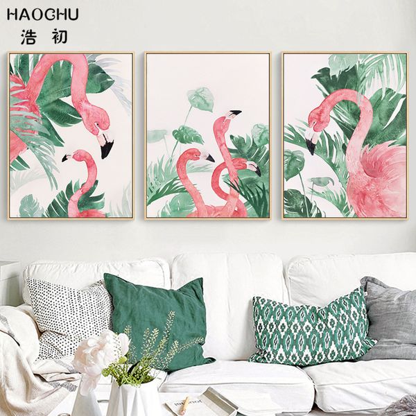 

haochu nordic акварель пейзаж тропический monstera оставить завод фламинго животных холст картина стены картина гостиная декор